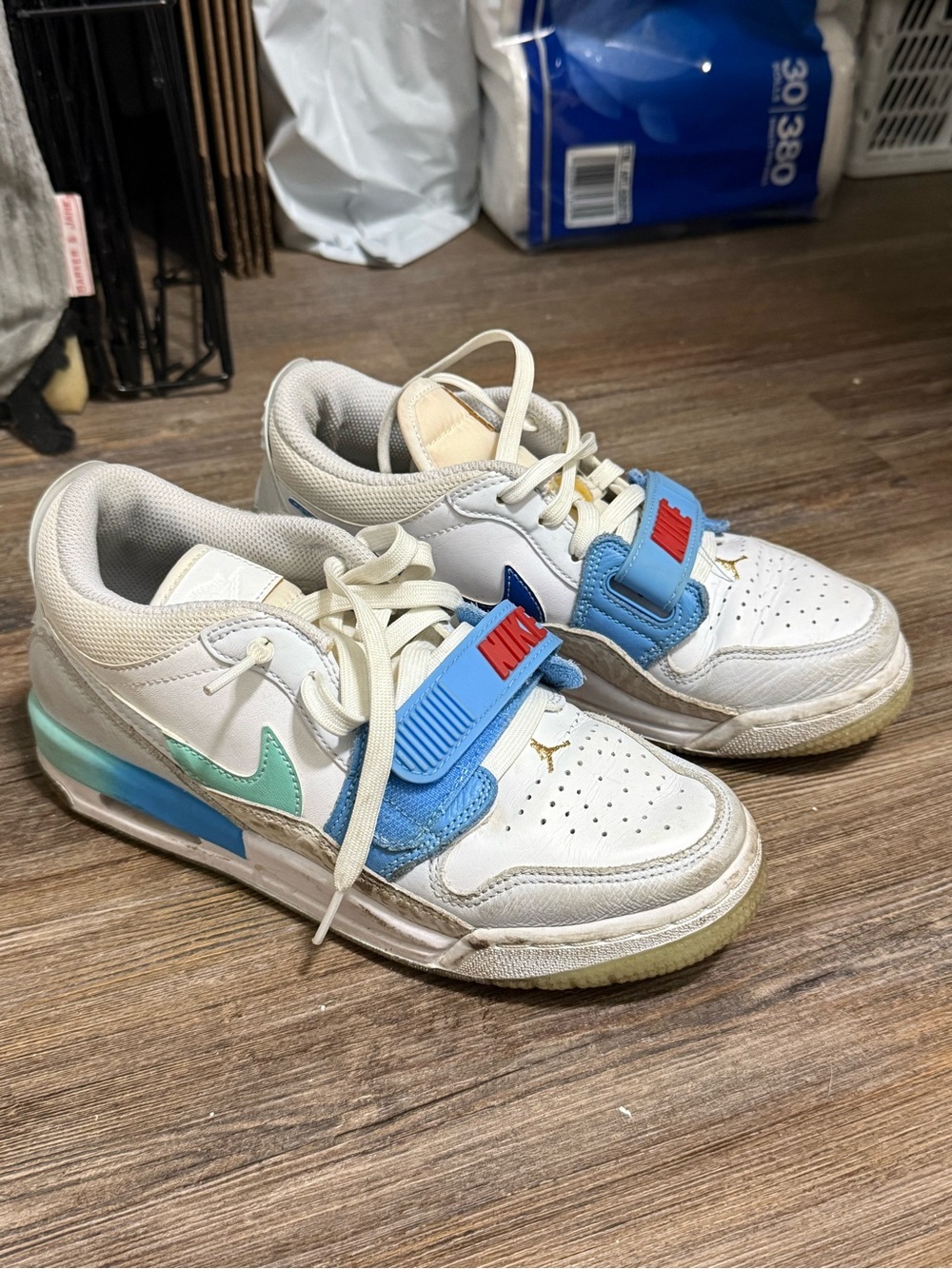 Nike Kids White Sneakers with Blue Strap and Mint Swoosh